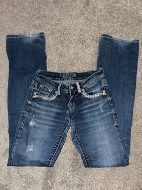 Grace Dark Blue Distressed Boot Cut Jeans with Embellished Pockets